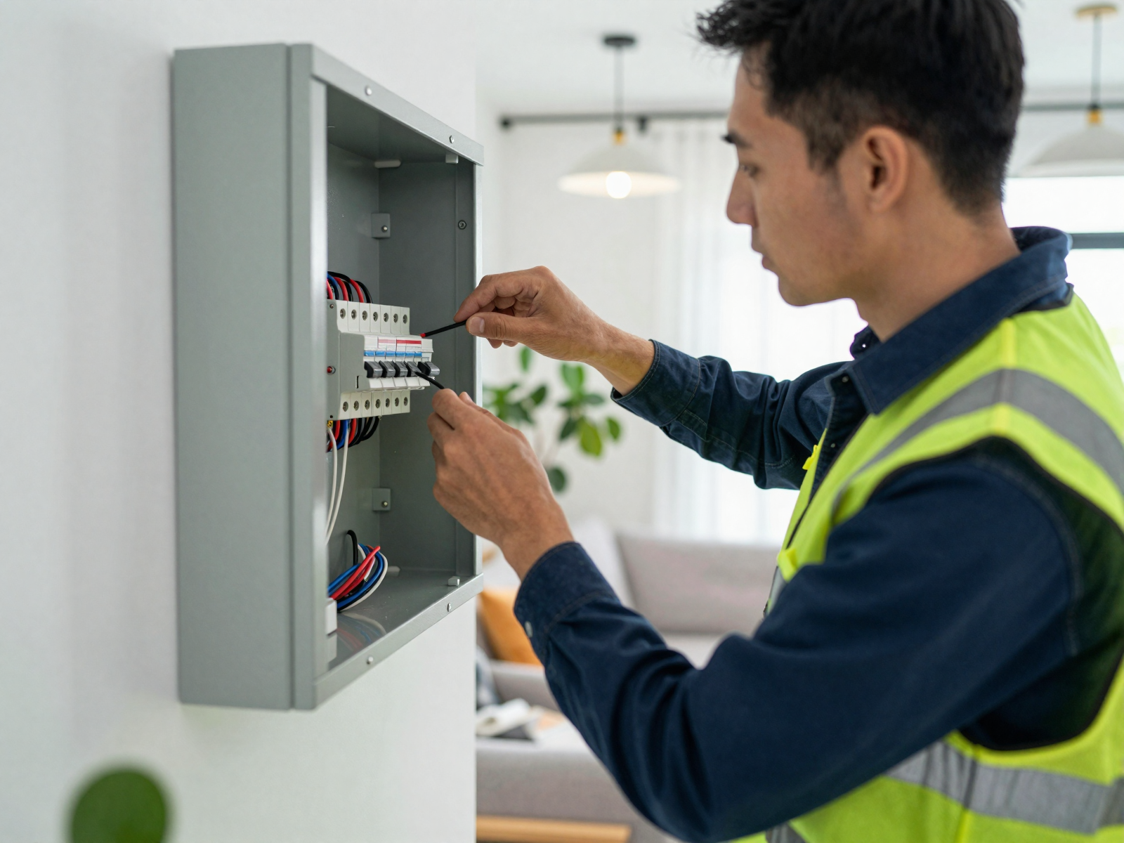 Electrician working on residential electrical panel installation